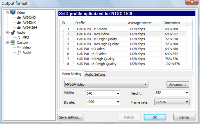 Окно Output format в Icepine Free DVD to AVI Converter