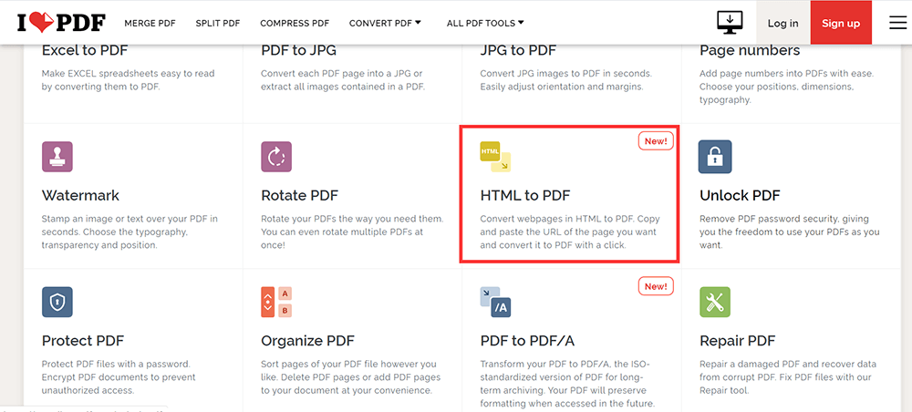 Инструмент iLovePDF HTML to PDF