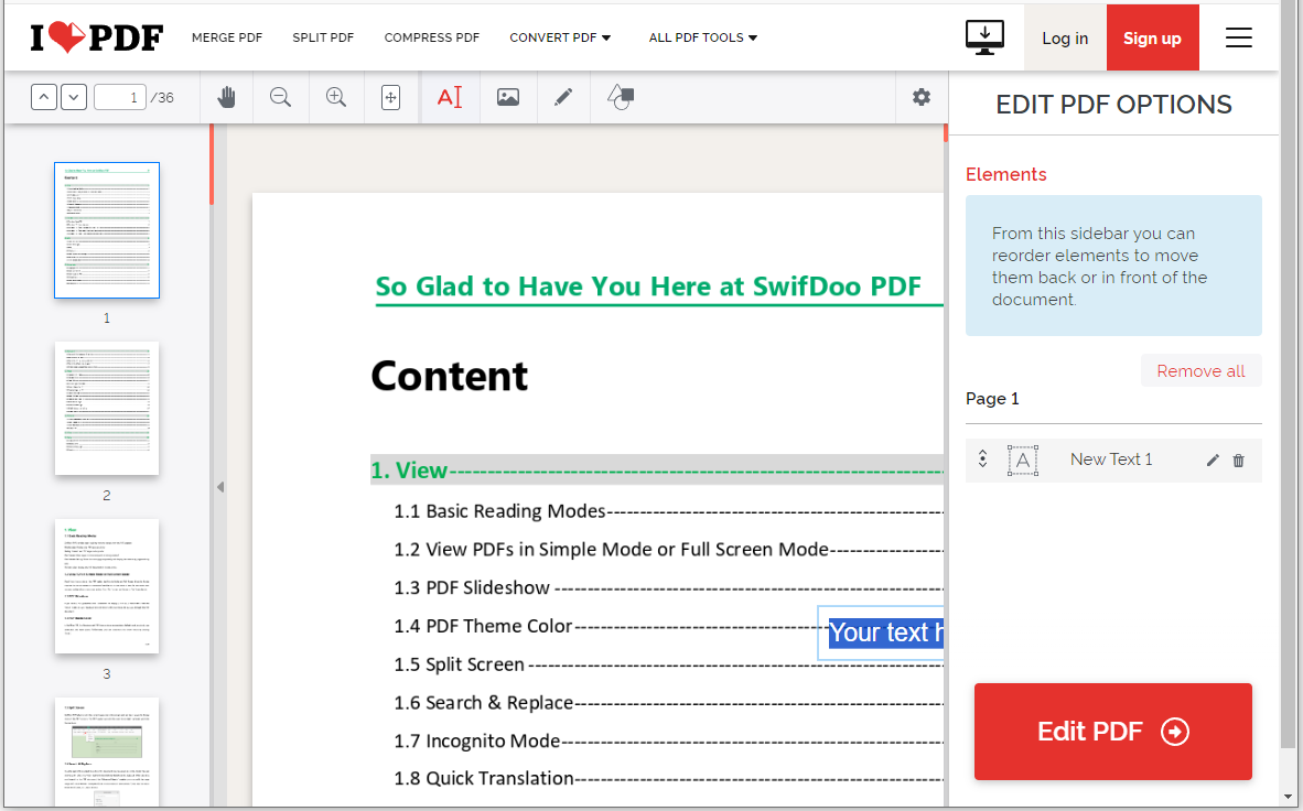 Интерфейс iLovePDF для добавления текста в PDF
