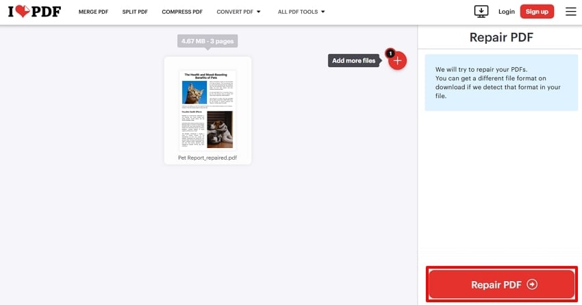 Запуск ремонта PDF в iLovePDF