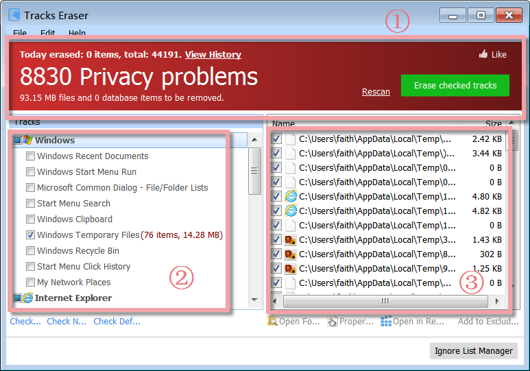 Главное окно Glary Tracks Eraser с найденными privacy problems, списком Tracks и кнопкой Erase checked tracks