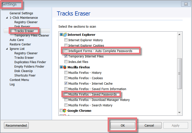 Настройки Tracks Eraser с пунктами сохраненных паролей Internet Explorer и Mozilla Firefox