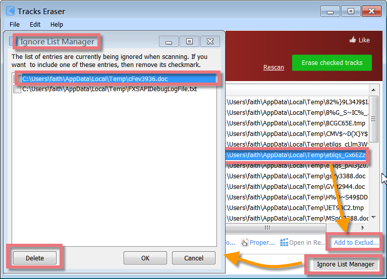 Ignore List Manager и Add to Exclude List в Glary Tracks Eraser