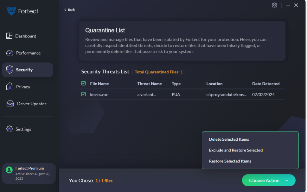 Quarantine List в Fortect с действиями для выбранных файлов