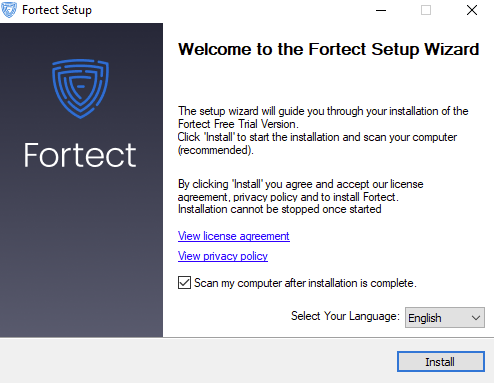 Окно Fortect Setup с кнопкой Install