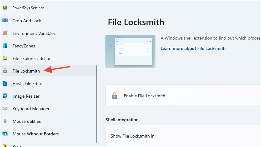 PowerToys File Locksmith в настройках PowerToys