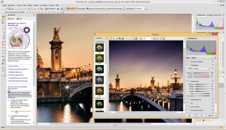 PhotoFix в Serif PhotoPlus X8 — окно быстрой коррекции с гистограммой, фильтрами и предпросмотром