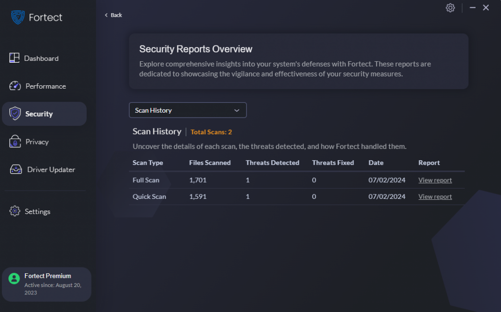 Security Reports Overview в Fortect