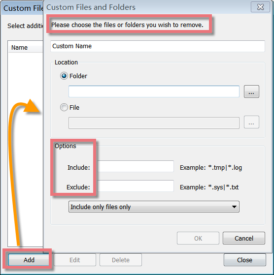 Окно Custom Files and Folders в Glary Disk Cleaner