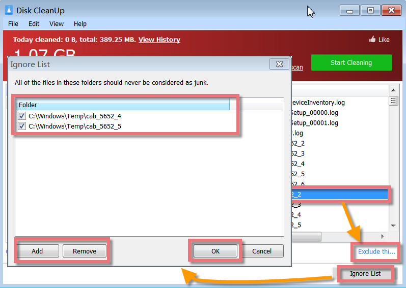 Окно Ignore List в Glary Disk Cleaner