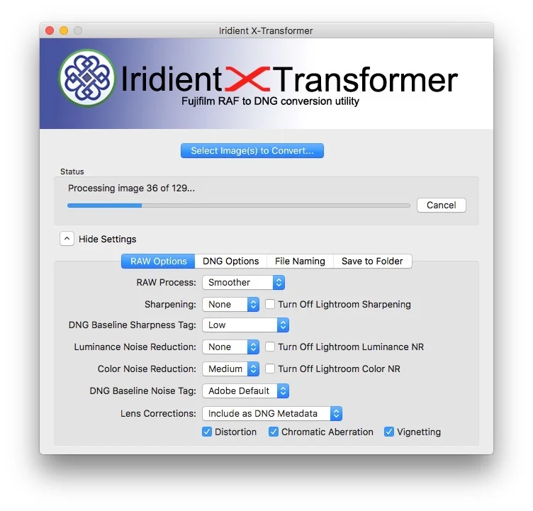 Iridient X-Transformer во время пакетной конвертации RAF в DNG