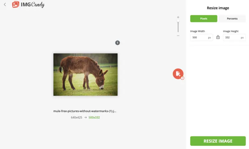 Изменение размера изображения в Image Candy: поля Image Width, Image Height, Pixels и Percents