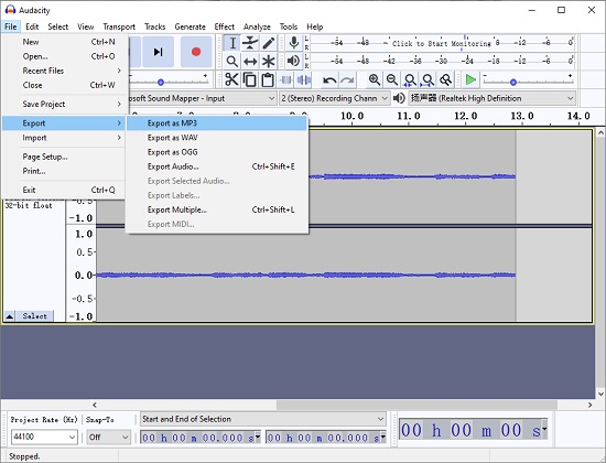 Экспорт OGG в MP3 через Audacity