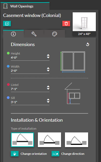 Панель настройки окон и проемов в Cedreo