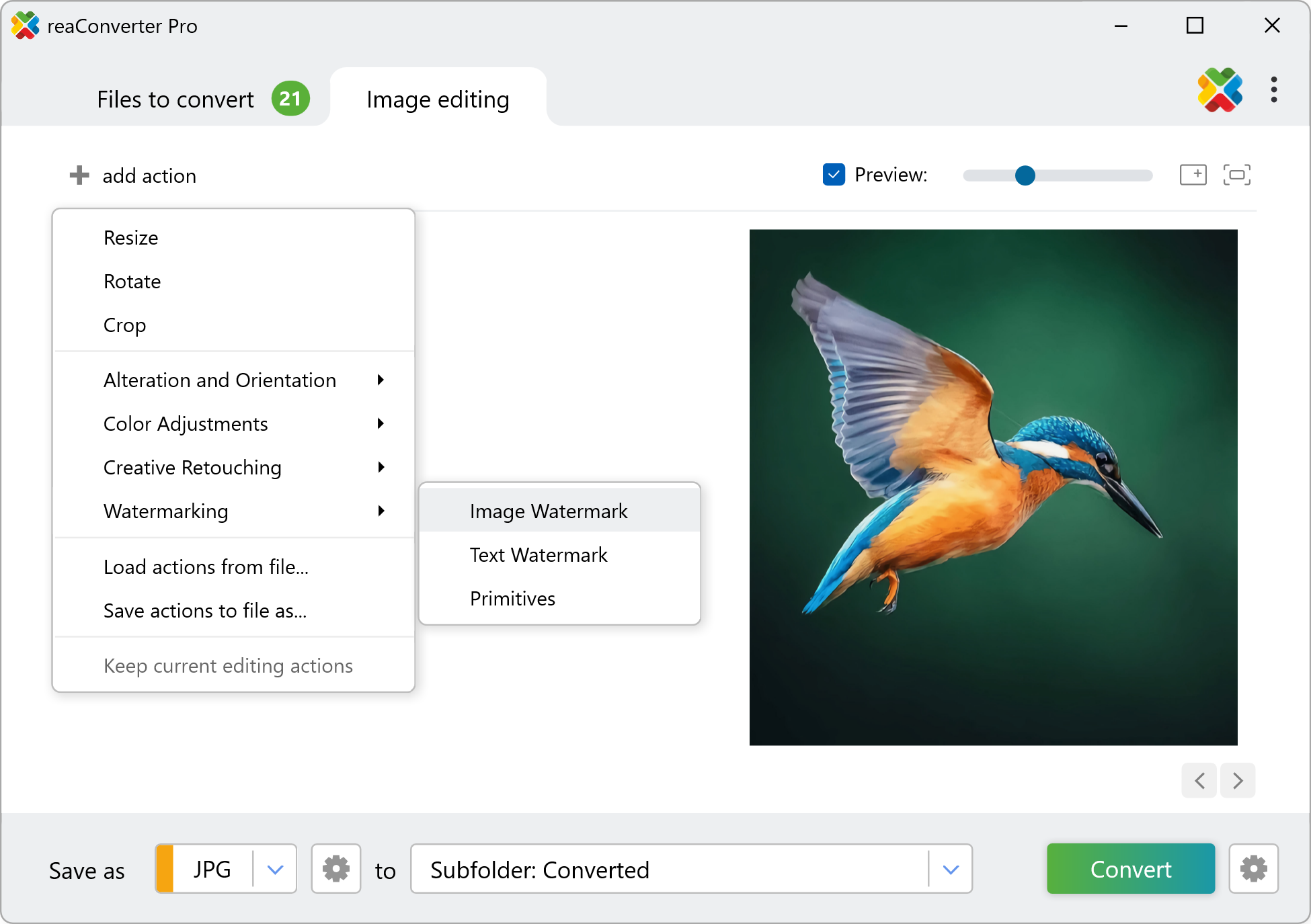 Вкладка Image editing в reaConverter Pro: добавление действия Watermarking → Image Watermark