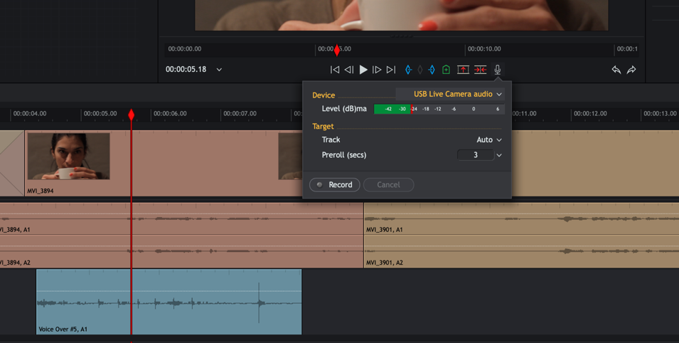 Окно Record для voice over: выбор устройства и кнопки Record/End