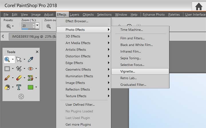 PaintShop Pro — окно эффекта Vignette