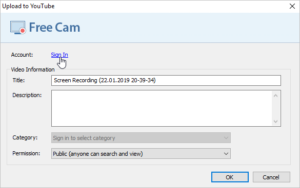 Окно Upload to YouTube в iSpring Free Cam