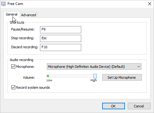 Вкладка General в настройках iSpring Free Cam