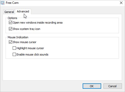 Вкладка Advanced в настройках iSpring Free Cam