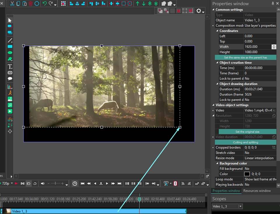 Экспорт в VSDC после растяжения видео
