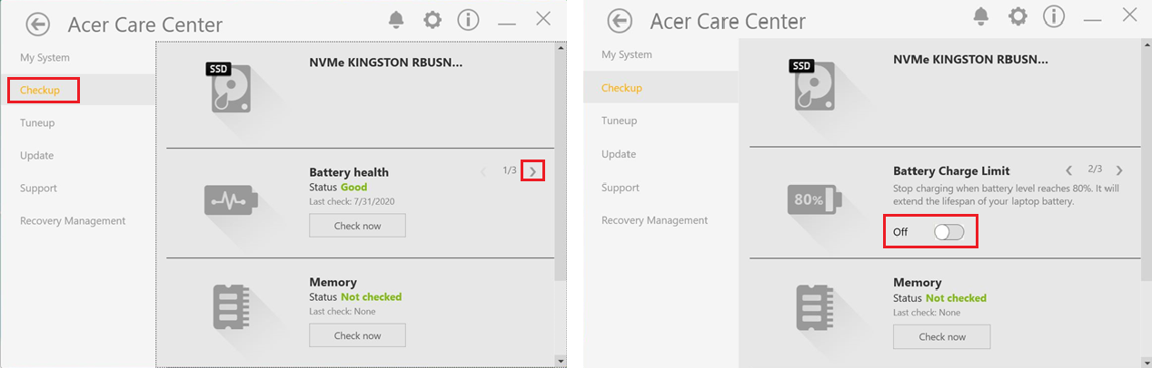 Раздел Checkup и переключатель Battery Charge Limit