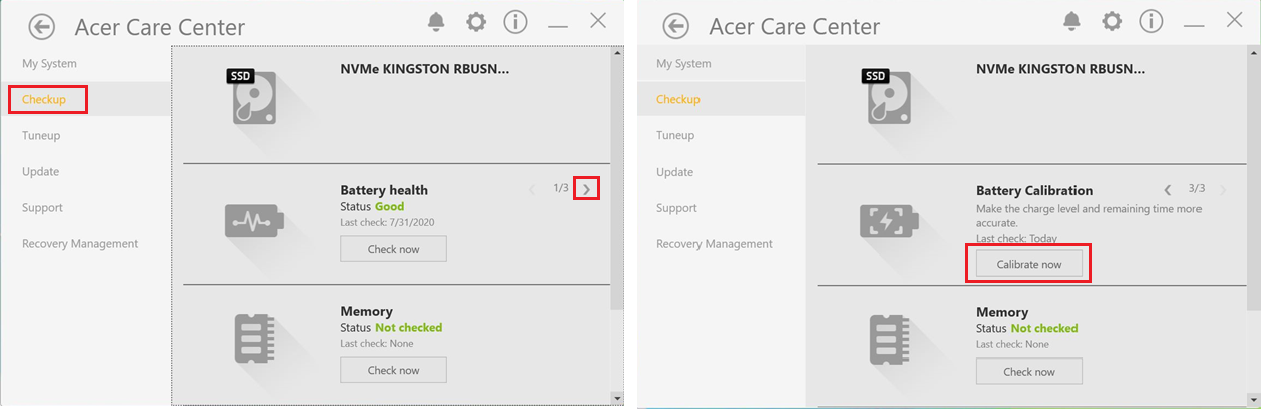 Battery Calibration в Acer Care Center