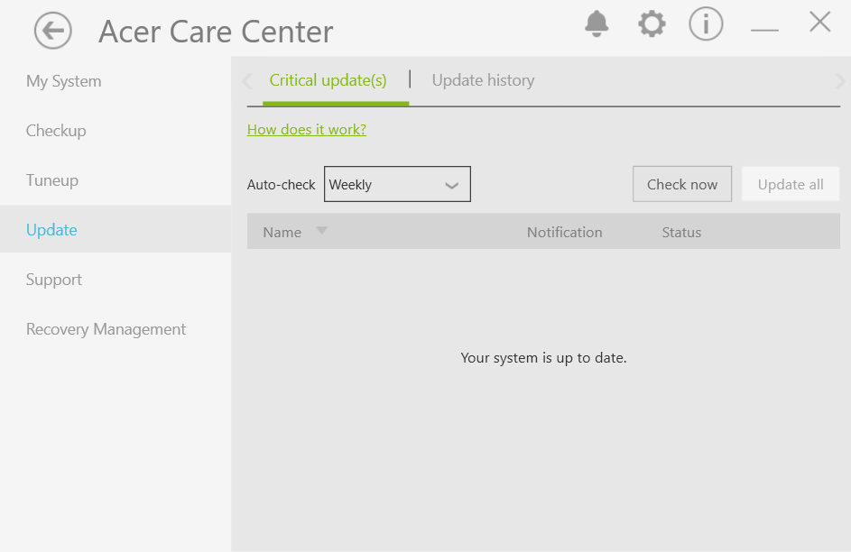 Раздел Update в Acer Care Center