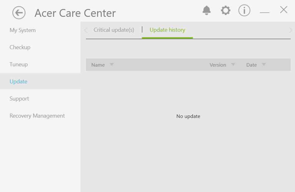 Вкладка Update history в Acer Care Center
