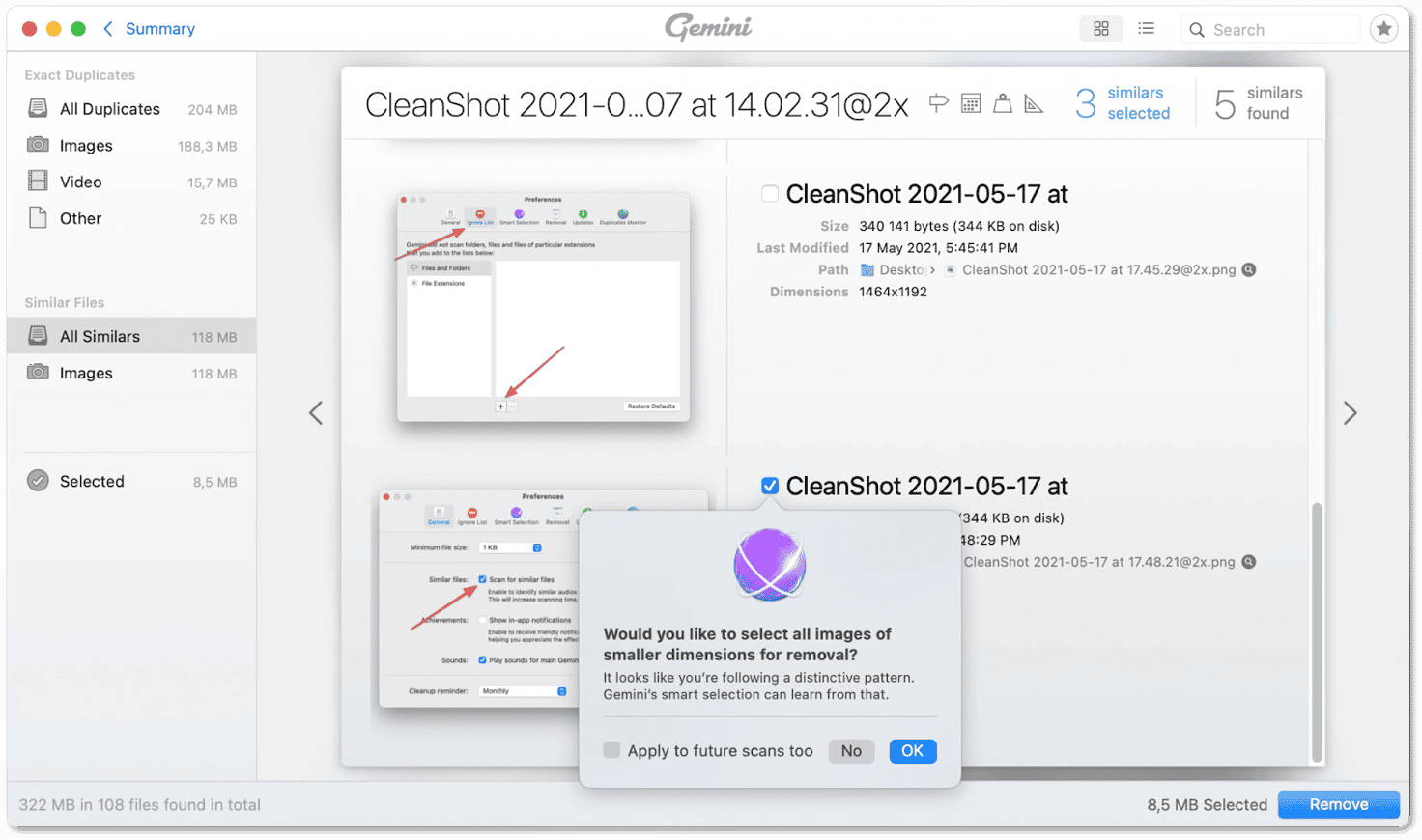 Gemini 2 — предложения умного отбора во время разбора результатов