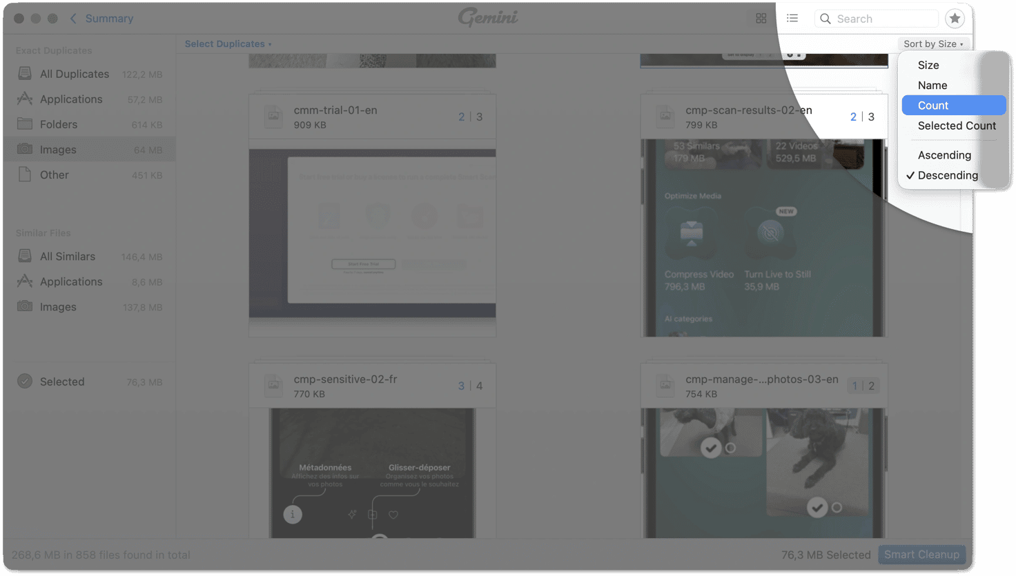 Gemini 2 — меню Sort by