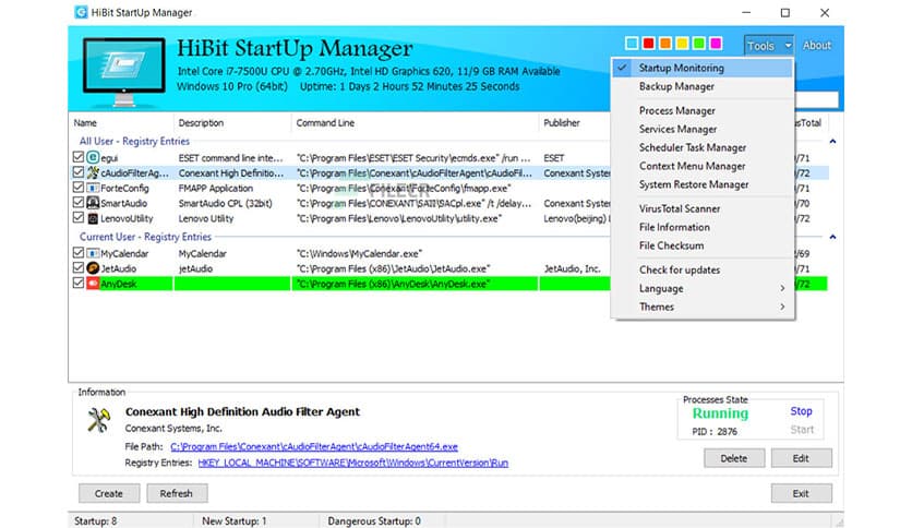 Меню Tools в HiBit Startup Manager с модулями Startup Monitor, Backup Manager, Process Manager, Services Manager, Scheduler Task Manager и Context Menu Manager