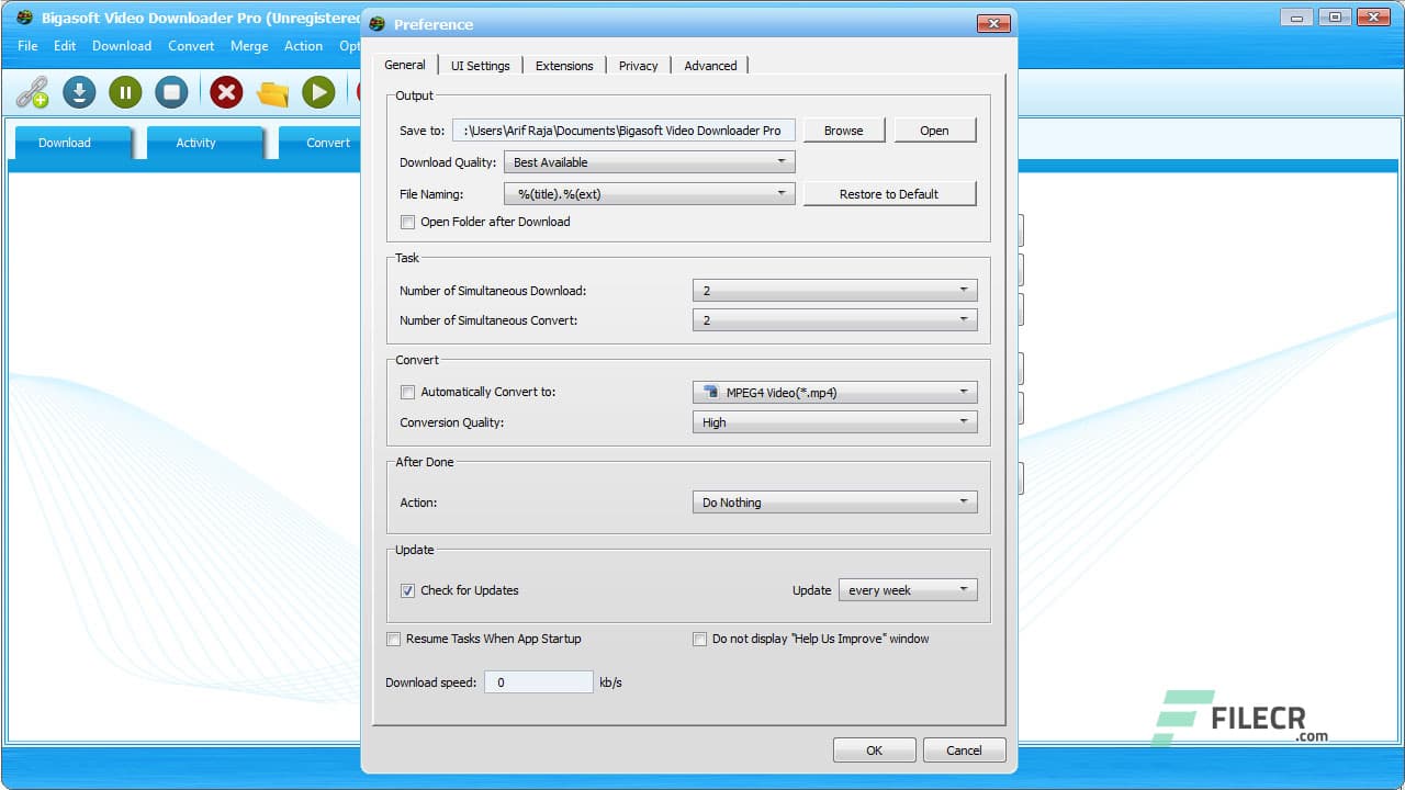 Окно настроек Preferences в Bigasoft Video Downloader Pro