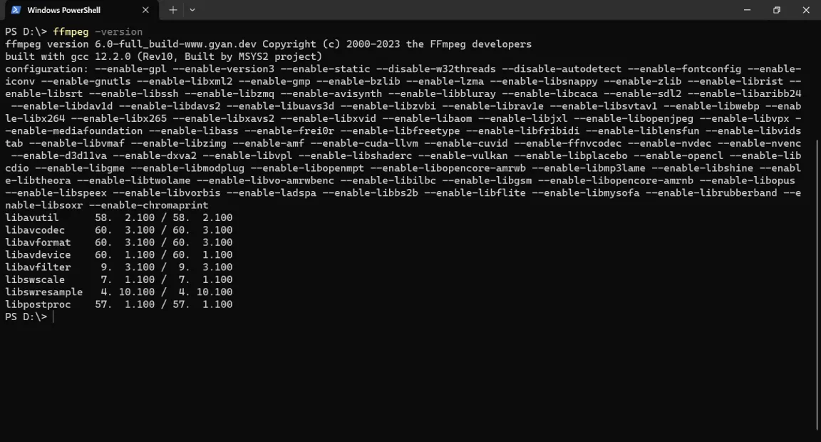 FFmpeg: проверка версии в PowerShell