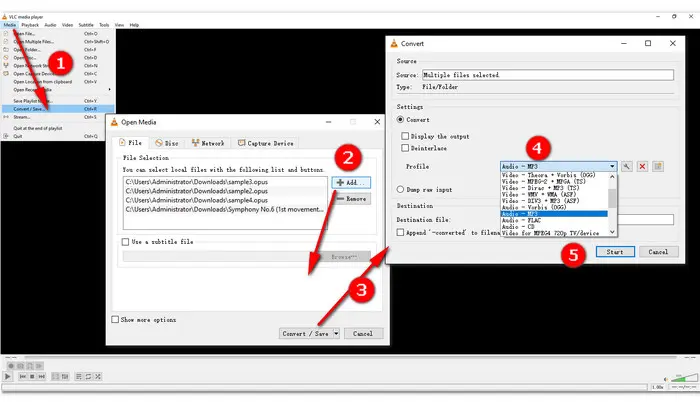 VLC на macOS: окно конвертации аудио