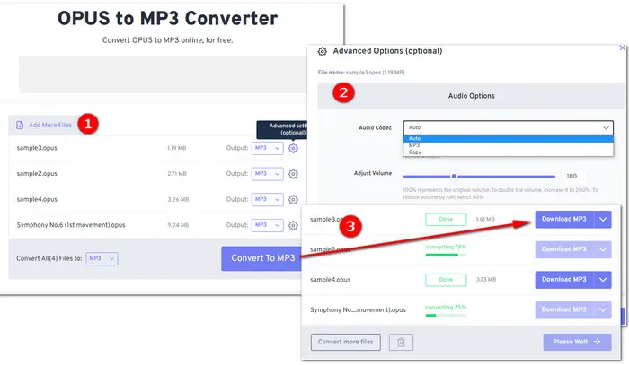FreeConvert: онлайн-конвертация OPUS в MP3