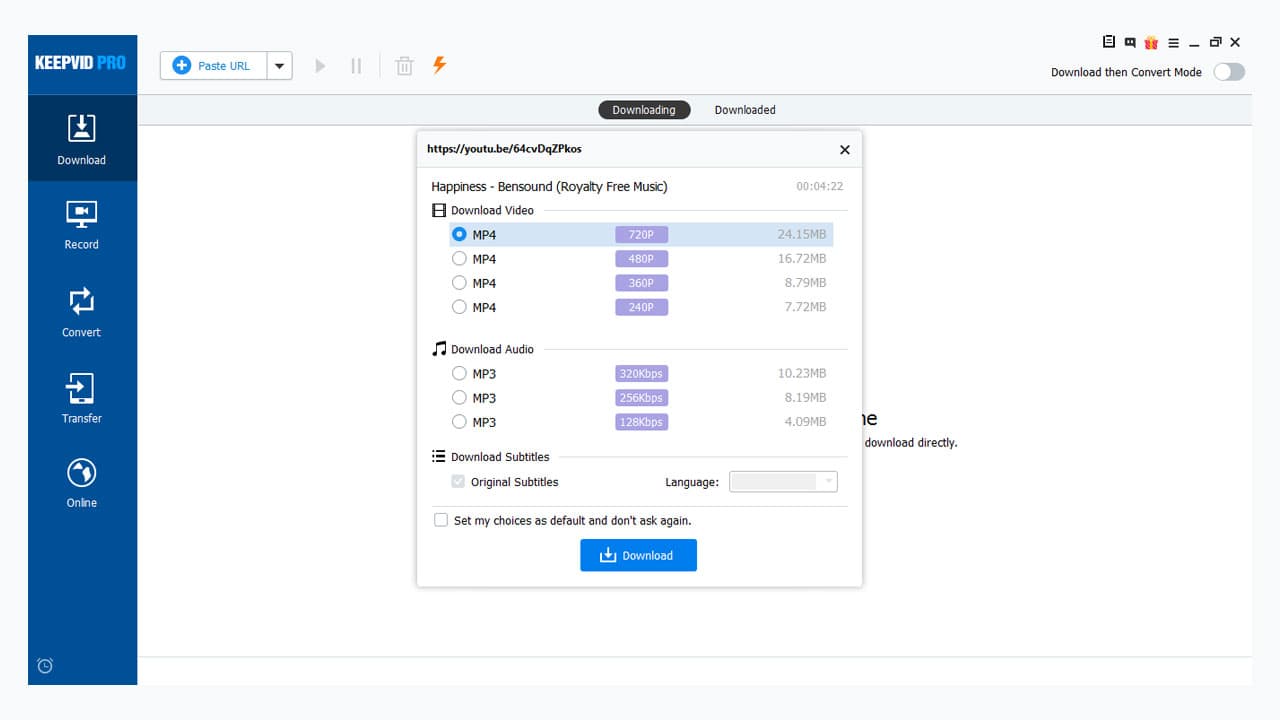 Выбор качества, формата и субтитров в KeepVid Pro