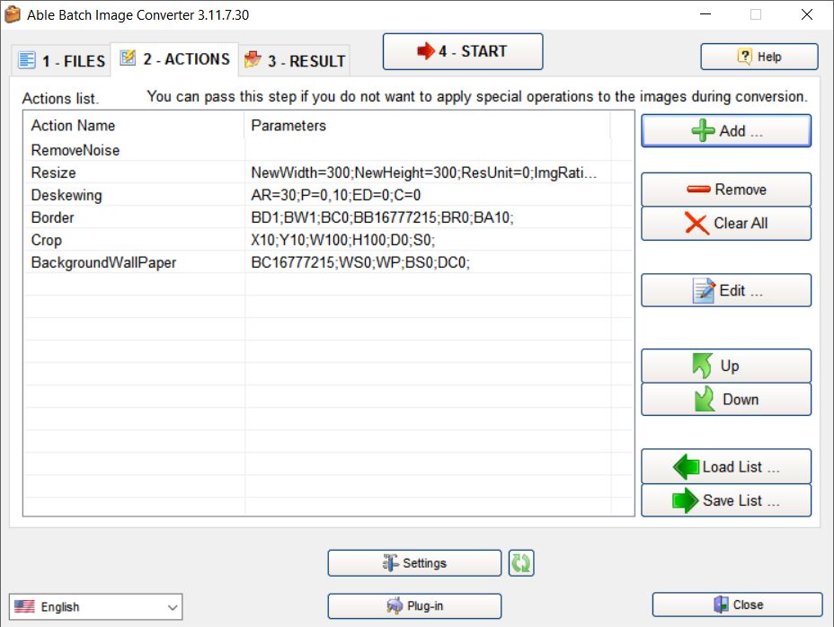 Able Batch Image Converter: вкладка ACTIONS со списком операций