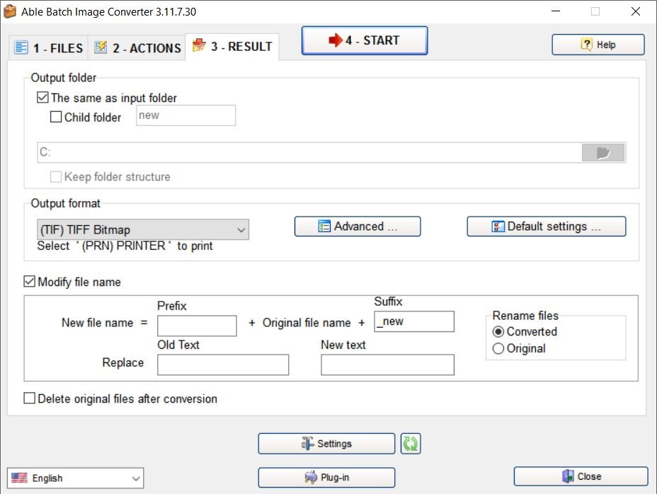 Able Batch Image Converter: вкладка RESULT с выбором папки, формата и переименования