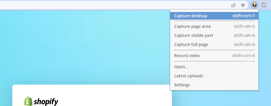 Меню Monosnap в браузерном расширении: команды Capture desktop, Capture page area, Capture visible part, Capture full page и Record video