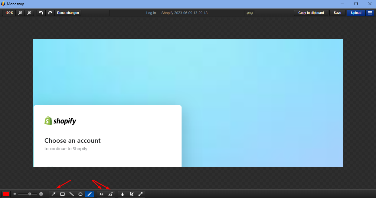 Редактор Monosnap после захвата: верхние кнопки Copy to clipboard, Save, Upload и нижняя панель с инструментами аннотаций