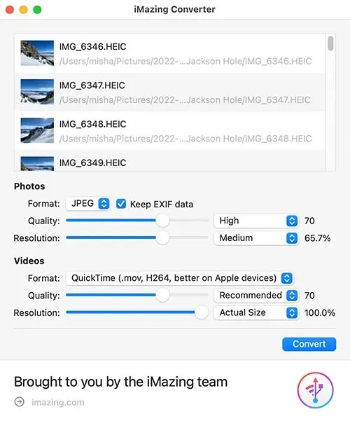 Настройки Photos в iMazing Converter: Format JPEG, Keep EXIF data, Quality, Resolution