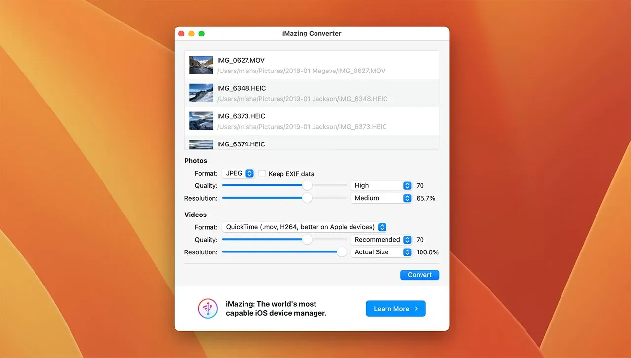 iMazing Converter 2 с добавленными HEIC и MOV-файлами, настройками Photos и Videos