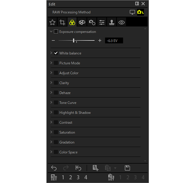 Панель RAW Processing Method в OM Workspace с Exposure compensation, White balance, Picture Mode и другими инструментами