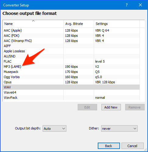 Выбор MP3 LAME в foobar2000 Converter Setup