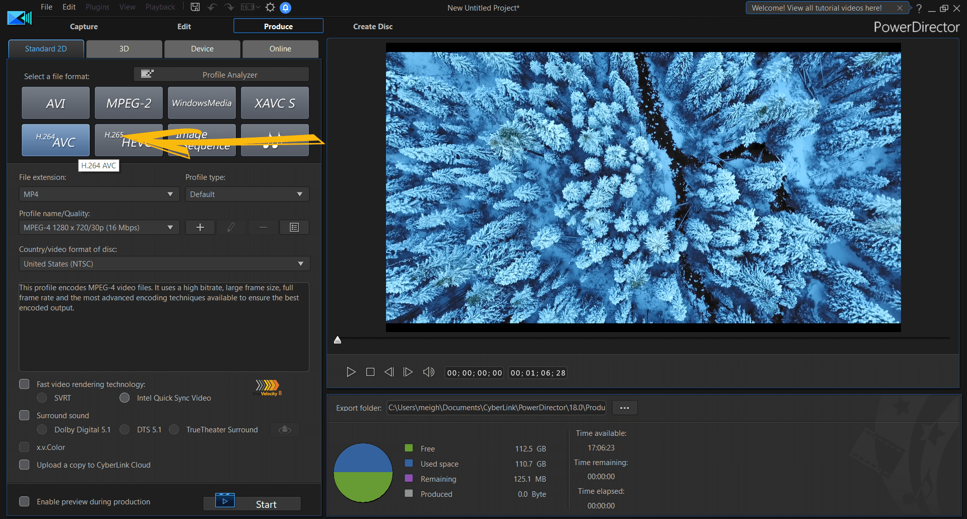 Модуль Produce: выбор формата и профиля качества (AVC/H.264, HEVC и др.)