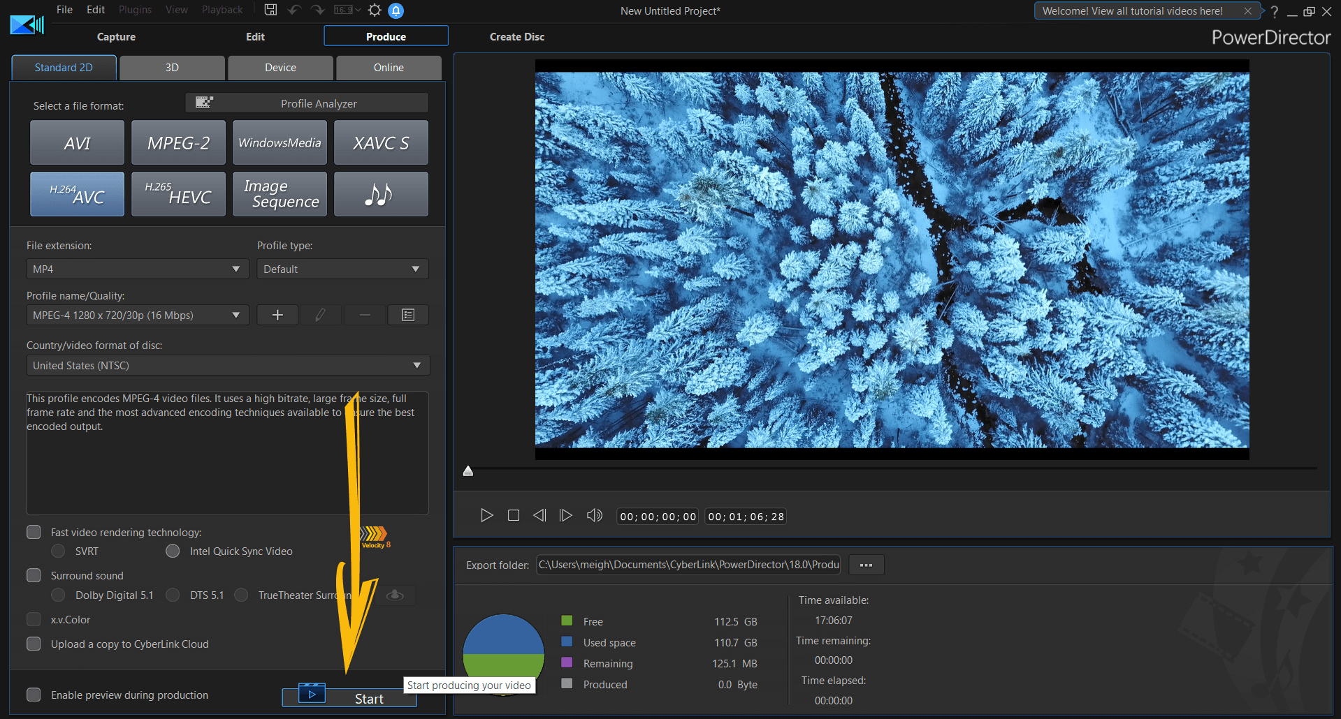 Кнопка Start в Produce: запуск рендера проекта