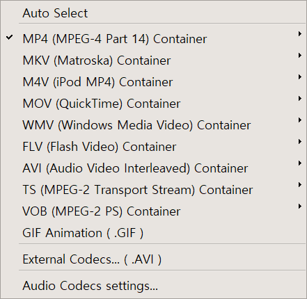 Меню Codecs в oCam