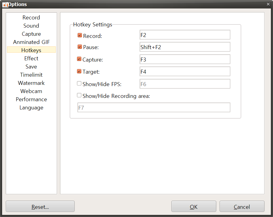 Настройки Hotkeys в oCam
