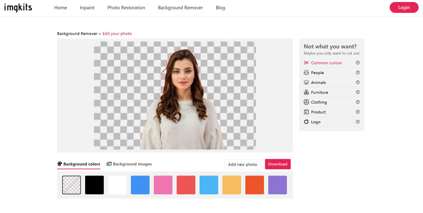 Интерфейс Imgkits Background Remover после удаления фона и открытия панели редактирования
